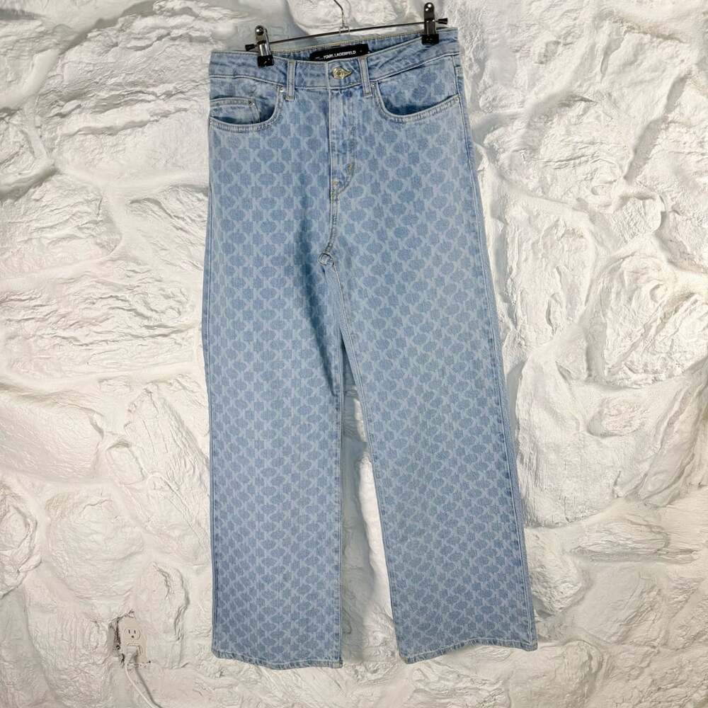 NWOT Karl Lagerfeld All Over Monogram Denim Straight Leg Jeans Size 25